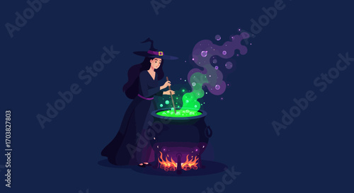 A witch stirring a cauldron with green potion and purple smoke.