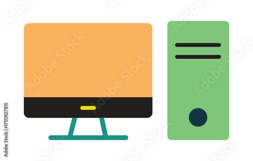 Modern flat design vector illustration of a desktop computer. Colorful PC workstation icon with a monitor and CPU tower, isolated for technology and business themes.