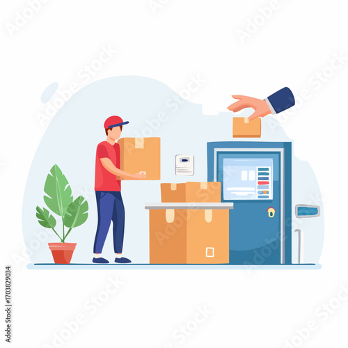 Delivery Man Receiving Parcel From Client At Automated Parcel Locker Illustration