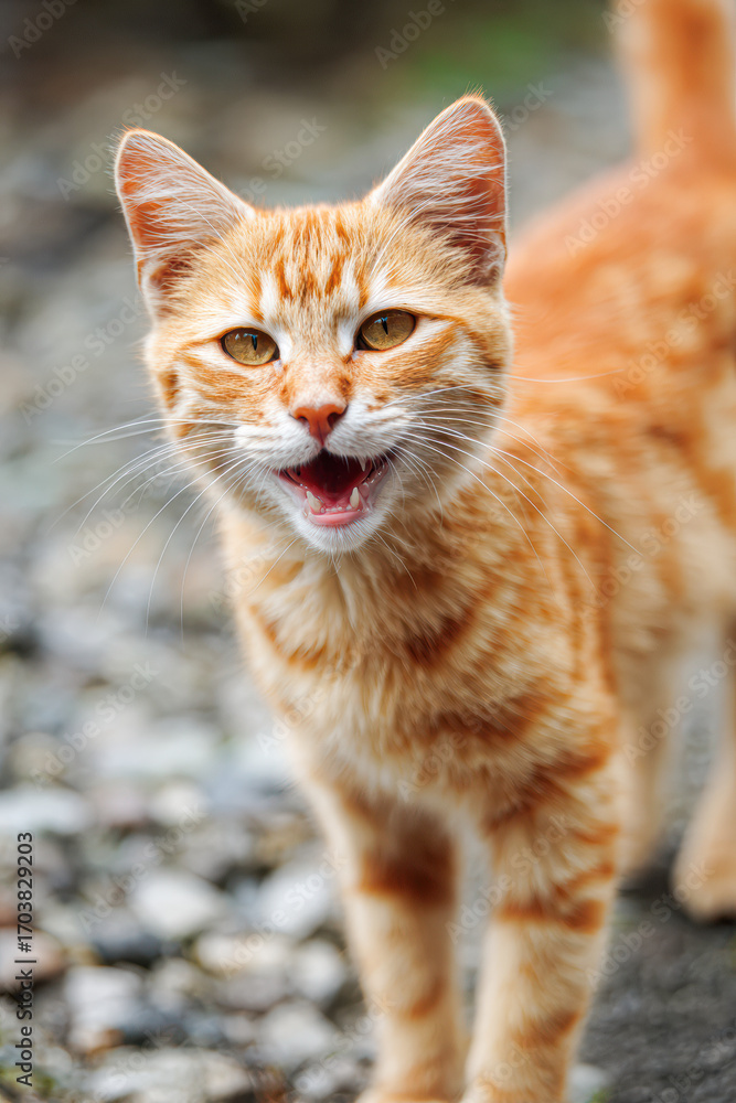 Fototapeta premium A cheerful orange tabby cat stands outdoors, showcasing its vibrant fur and playful demeanor with a joyful expression.