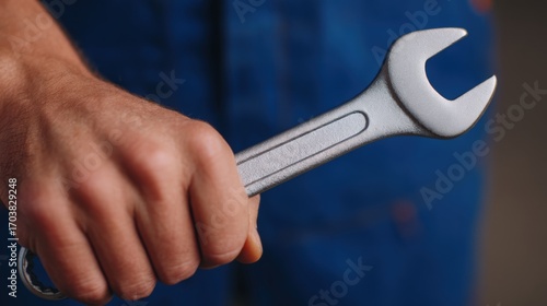Wallpaper Mural Construct worker factory, A close-up of a person's hand gripping a metallic wrench, symbolizing tools, craftsmanship, and mechanical work. Torontodigital.ca