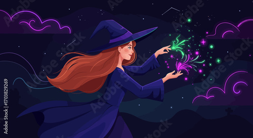 Beautiful Witch Casting Magic Spell Halloween Vector Illustration