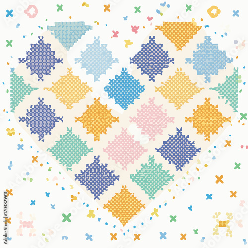 Colorful Cross Stitch Heart On Off White Background