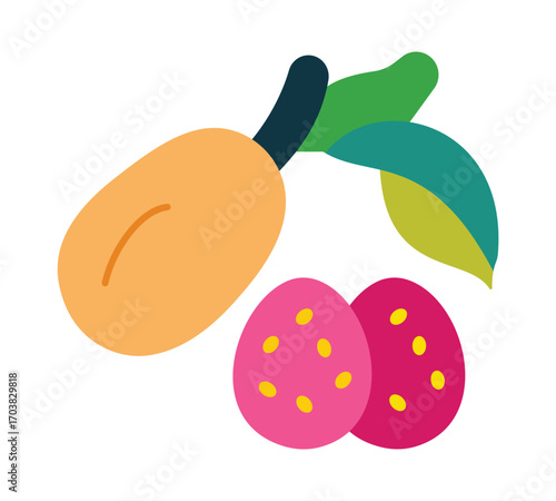 Colorful flat design icon of peanuts and strawberries, a healthy snack combination.