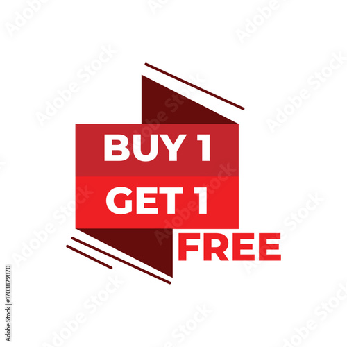 Bold red promotional banner with "Buy 1 Get 1 Free" text, ideal for marketing, sales, retail discounts, special offers, and commercial advertising campaigns to attract customer attention.