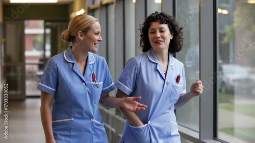 Joyful nurses walking and conversing in hospital corridor healthcare team connection concept
