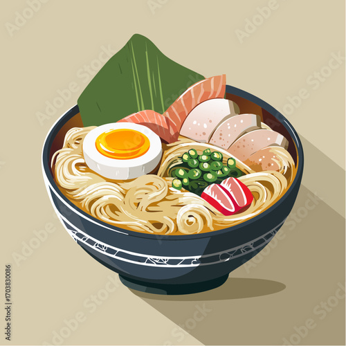 Delicious ramen bowl with egg, meat, and vegetables, a satisfying and tasty Asian cuisine meal