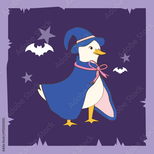 Duck Cartoon Character as Halloween Witch Vector Illustration