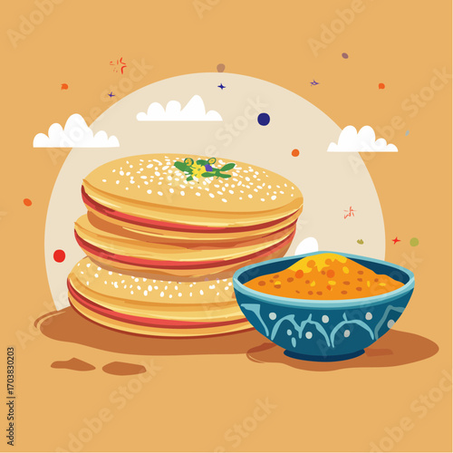 Delicious stack of sesame pancakes with lentil soup, a modern culinary delight and creative recipe