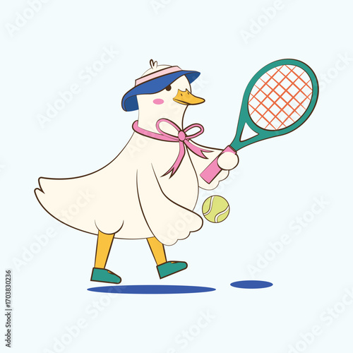 Funny Duck Cartoon Tennis Player Vector