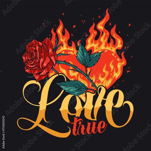 Fire and rose design symbolizing passionate love