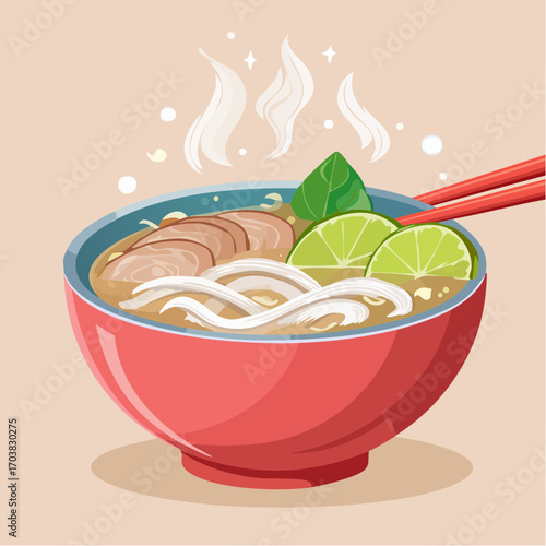 Delicious steaming bowl of ramen noodle soup with lime and chopsticks illustration art
