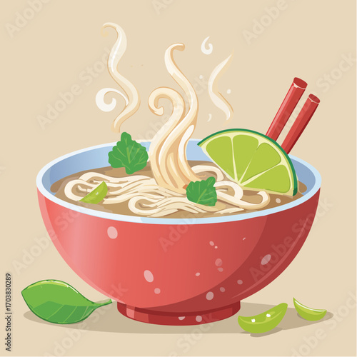 Steaming bowl of delicious pho noodle soup with fresh lime and herbs awaits your enjoyment