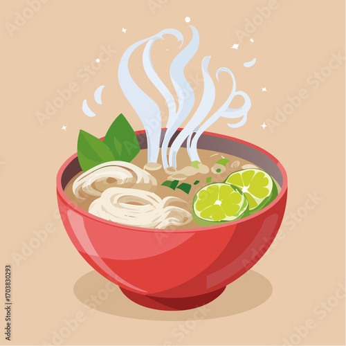 Steaming bowl of delicious Vietnamese Pho soup with lime and fresh basil for healthy food ads