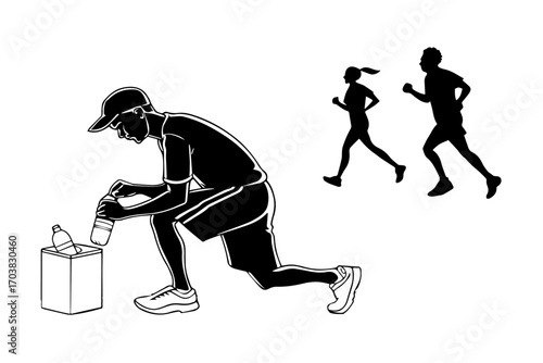 ultra-marathoner-refilling-bottle-at-aid-station- pure white background