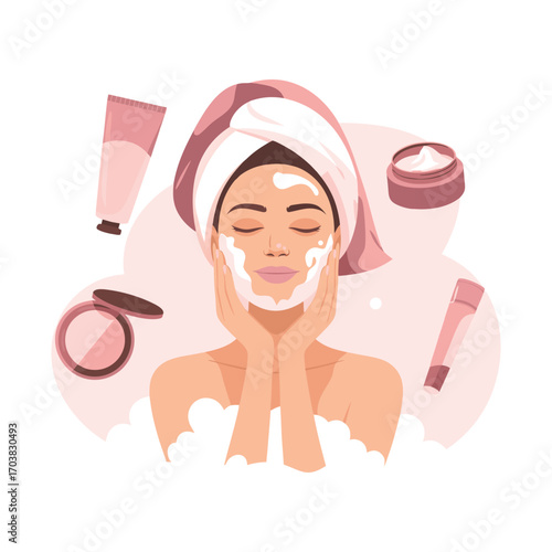 Woman applying facial skin care illustration
