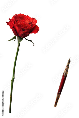 A vivid red rose, stem, and a crimson pen, isolated on black