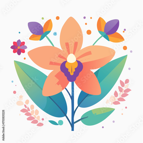 Vibrant Orange Orchid Flower With Colorful Petals and Green Leaves on White Background