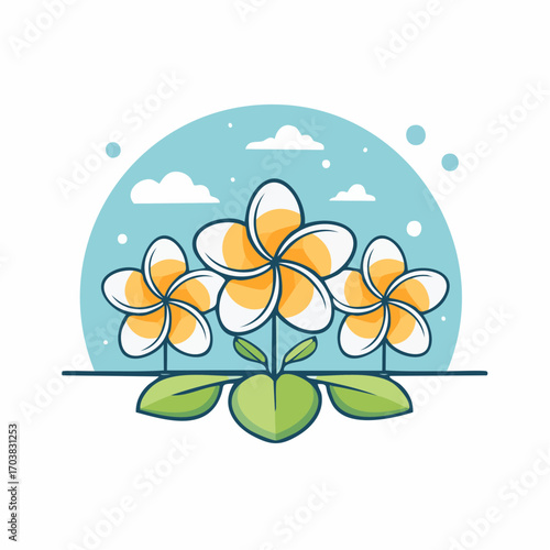 Three Frangipani Flowers With Green Leaves and Blue Sky Background