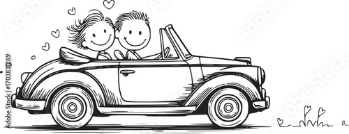 Dreamy Drive: A sketched image of a joyful couple, in a charming vintage convertible, expressing their love as hearts float around the scene. This conveys a sense of freedom, love, and adventure.