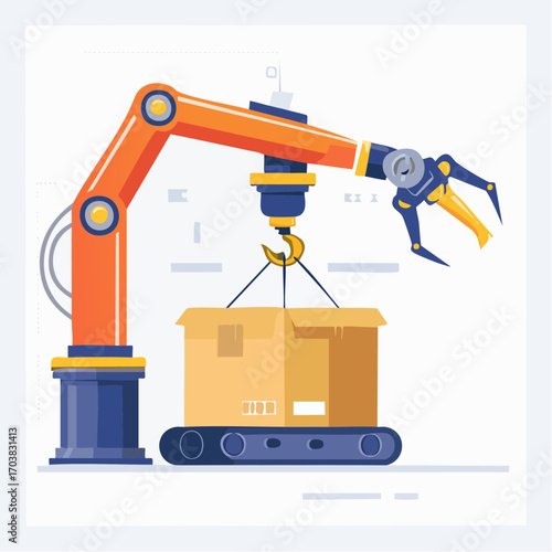 Orange And Blue Robot Arm Lifting Cardboard Box On Conveyor Belt