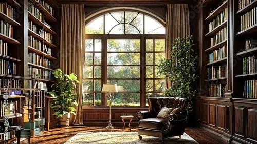 Cozy library with wooden shelves, large windows, and a comfortable chair surrounded by greenery