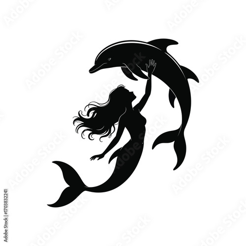 Mermaid and Dolphin Silhouette Illustration of an Aquatic Creature Interaction