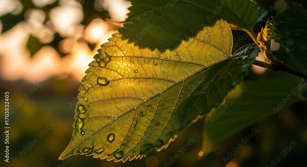 Obraz premium Sunlit Leaf - A Close-Up of Natures Beauty in Golden Light.