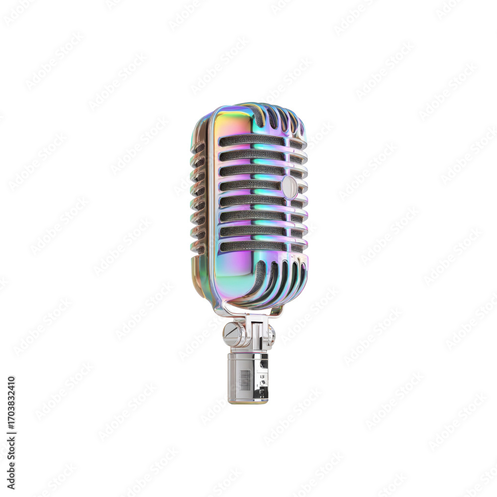 Fototapeta premium Iridescent Retro Microphone Vintage Style Audio Equipment with Rainbow Chrome Finish