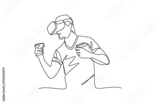 Continues line and simple line of man playing virtual reality game with headset Single line drawing vector graphic design illustration