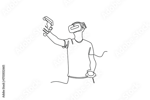 Continues line and simple line of gamer in virtual reality with headset and joystick Single line drawing vector graphic design illustration