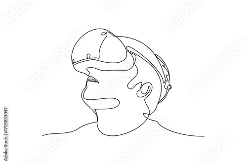 Continues line and simple line of person enjoying vr experience with goggles Single line drawing vector graphic design illustration