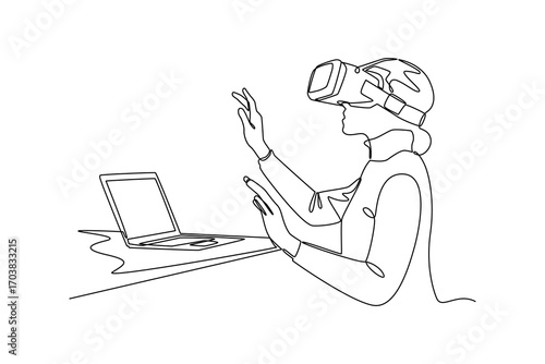 Continues line and simple line of woman with vr headset using laptop Single line drawing vector graphic design illustration