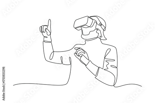 Continues line and simple line of young man interacting in virtual reality Single line drawing vector graphic design illustration