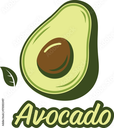 Halved avocado with pit and leaf text seed