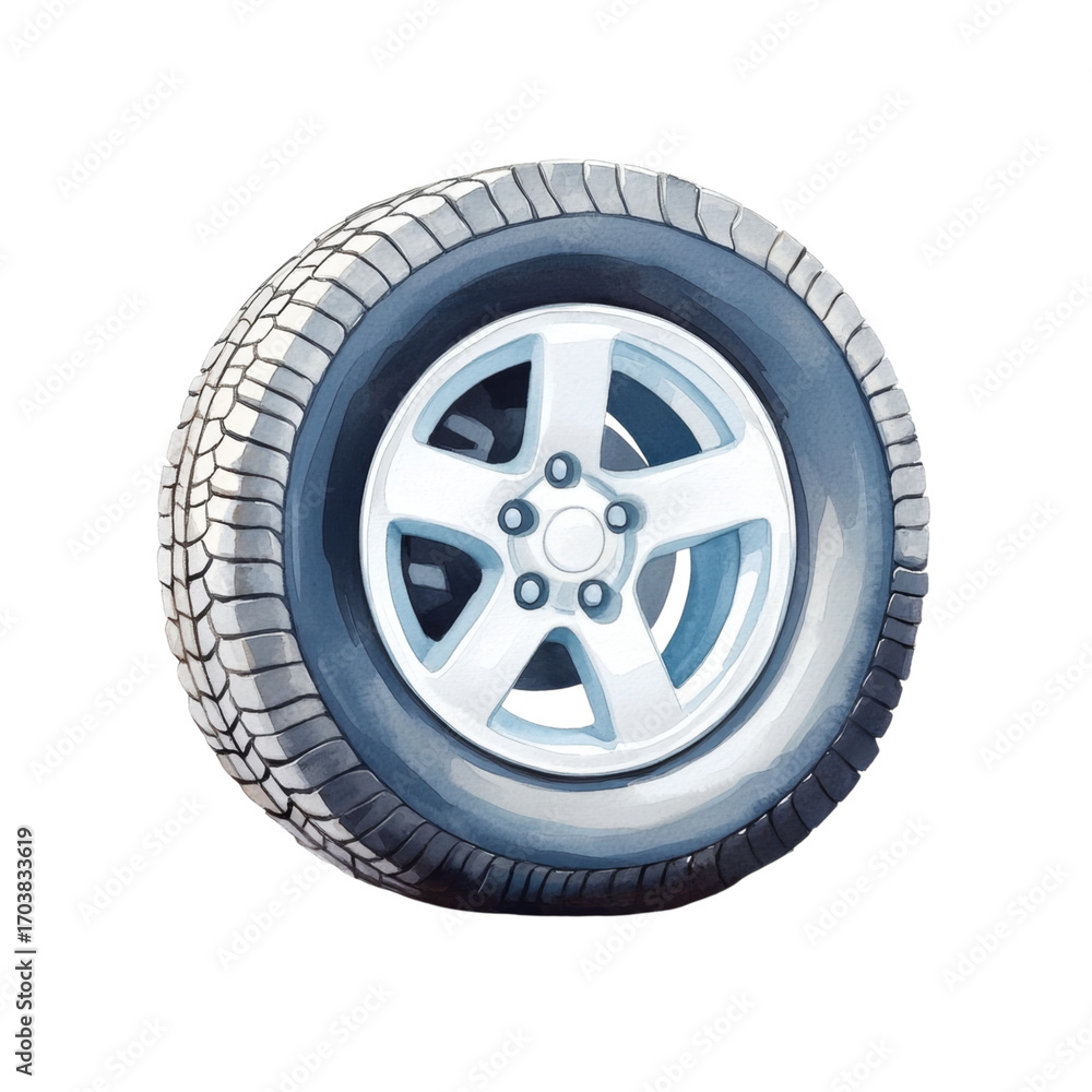 Obraz premium Watercolor wheel tire rubber metal round realistic isolated clean automotive calm