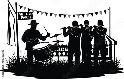 Black silhouette of village fair band with drummer and flute players
