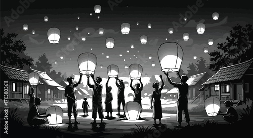 Floating sky lanterns with people releasing them into the night sky