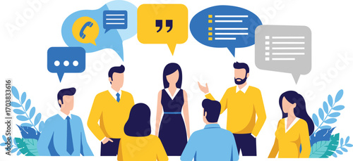 Business meeting illustration, professional discussion, teamwork, communication, speech bubbles, collaboration, vector design, flat style, modern concept
