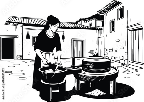 Woman Grinding Grain with Millstone, Traditional Food Preparation Method