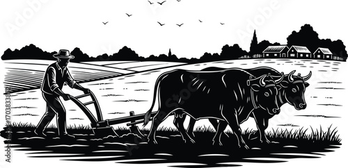 Farmer Plowing with Oxen, Traditional Agriculture, Rural Life