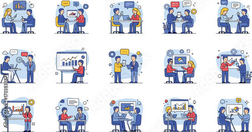 Business illustration set, office teamwork, data presentation, meeting, collaboration, laptop, charts, communication, vector design, flat style, colorful concept