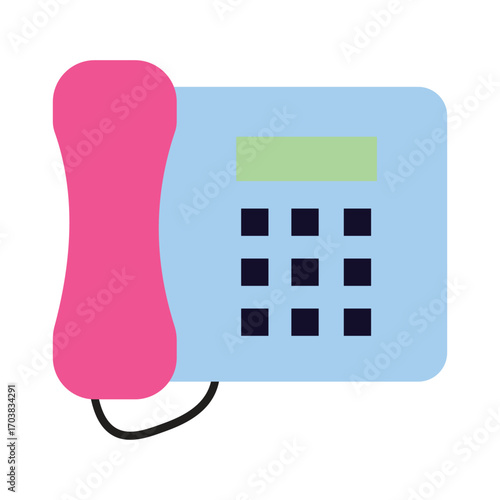 Minimalist desk phone illustration with a bright pink receiver. Old-fashioned communication symbol for contact or support.