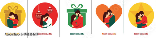 Christmas couple illustration set, festive embrace, holiday love, gift box, ornament, heart, star, vector design, flat style, colorful concept