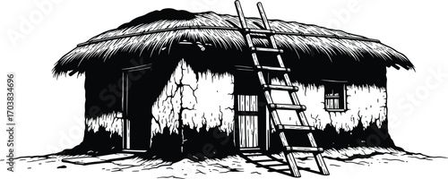 Rustic thatched hut with wooden ladder, rural dwelling illustration