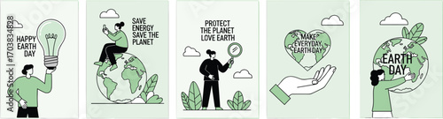 Earth Day illustration set, environmental awareness, save energy, protect planet, eco-friendly message, vector design, flat style, colorful concept