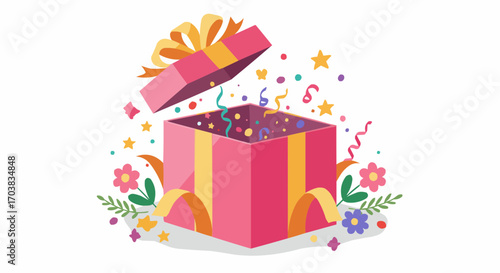 Colorful gift box with confetti and flowers on white background  