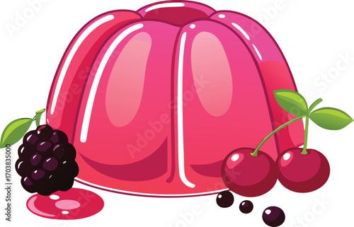Pink gelatin dessert with berries vector