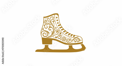 Ornate ice skating boot in golden color on plain background  