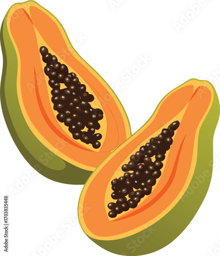 Two halves of a ripe papaya fruit with dark seeds tropical food
